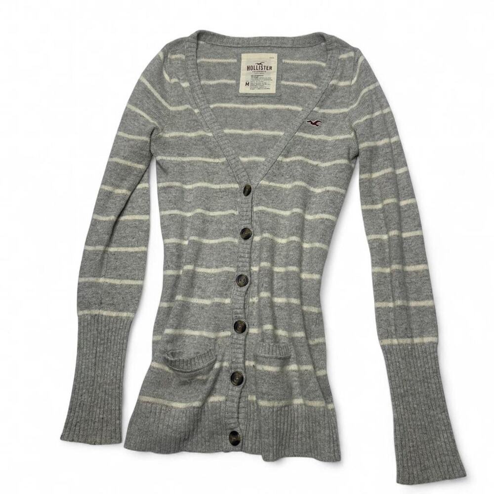 Hollister Vintage Striped Grey White Button Up Cardigan Front Pocket Size Medium